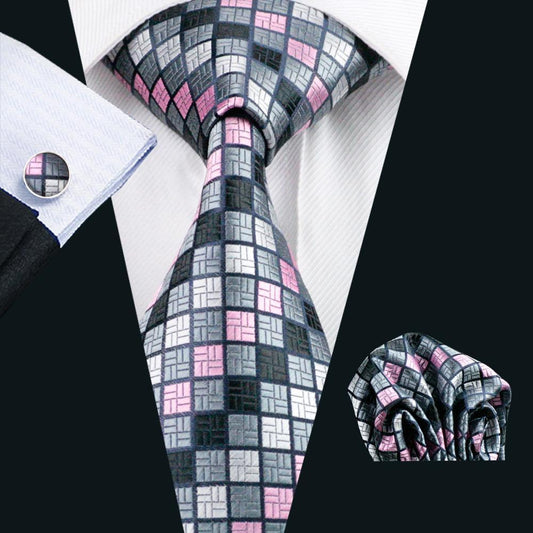 Pink Gray Plaid Silk Tie, Pocket Square and Cufflinks Set tie sets    - Sophisticated Gentlemen