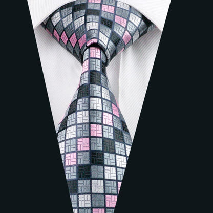 Pink Gray Plaid Silk Tie, Pocket Square and Cufflinks Set tie sets    - Sophisticated Gentlemen