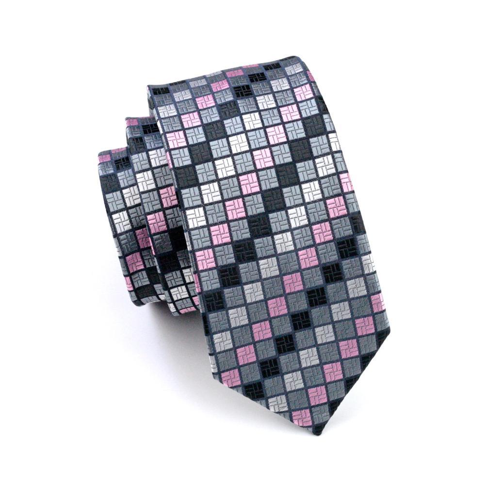 Pink Gray Plaid Silk Tie, Pocket Square and Cufflinks Set tie sets    - Sophisticated Gentlemen