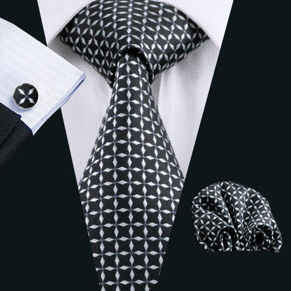 Black and White Plaid Silk XL Tie, Pocket Square and Cufflinks tie sets    - Sophisticated Gentlemen