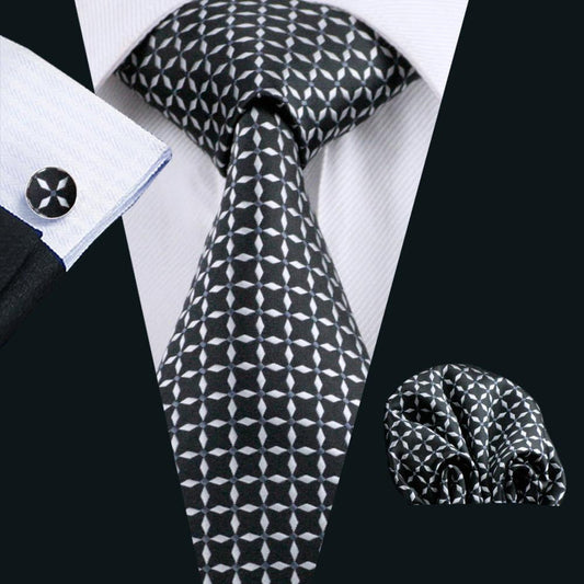 Black and White Plaid Silk XL Tie, Pocket Square and Cufflinks tie sets    - Sophisticated Gentlemen