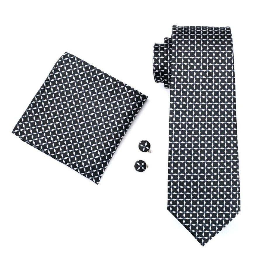 Black and White Plaid Silk XL Tie, Pocket Square and Cufflinks tie sets    - Sophisticated Gentlemen