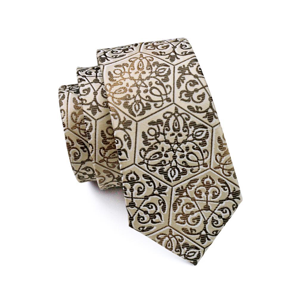 Golden Champagne Floral Silk Tie, Pocket Square and Cufflinks Set tie sets    - Sophisticated Gentlemen