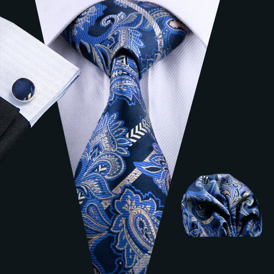 Deep Blue Paisley Silk Tie, Pocket Square and Cufflinks Set tie sets    - Sophisticated Gentlemen