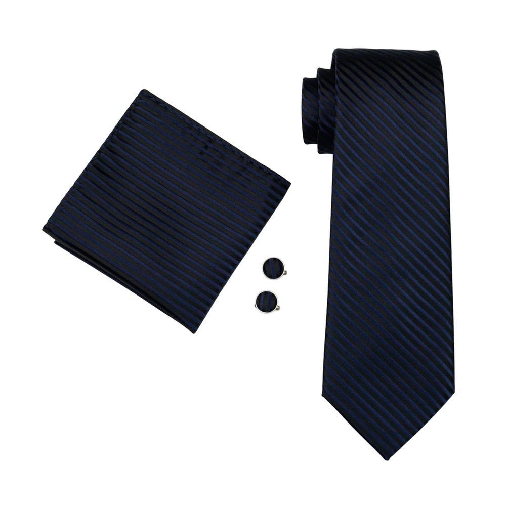 Black Blue Striped Silk Tie, Pocket Square and Cufflinks Set tie sets    - Sophisticated Gentlemen