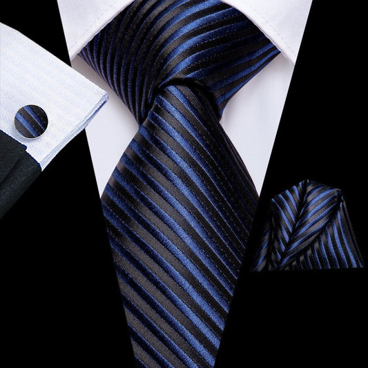 Black Blue Striped Silk Tie, Pocket Square and Cufflinks Set tie sets    - Sophisticated Gentlemen
