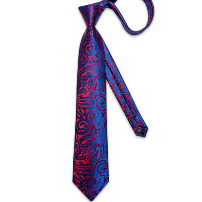 Red Blue Floral Silk Tie, Pocket Square and Cufflinks Set