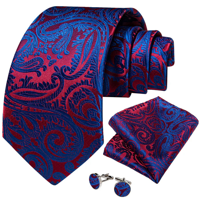 Red Blue Floral Silk Tie, Pocket Square and Cufflinks Set