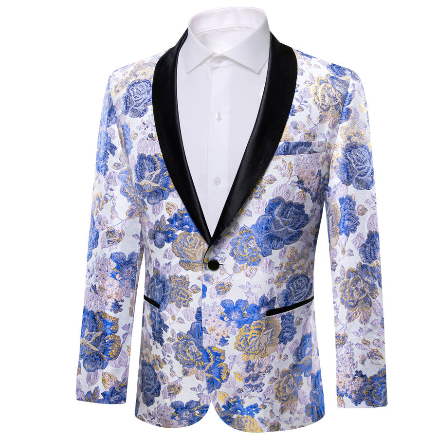 Blue White Gold Floral Flower Men's Tuxedo Jacket tuxedo    - Sophisticated Gentlemen