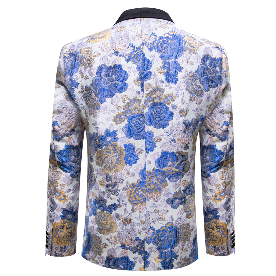 Blue White Gold Floral Flower Men's Tuxedo Jacket tuxedo    - Sophisticated Gentlemen