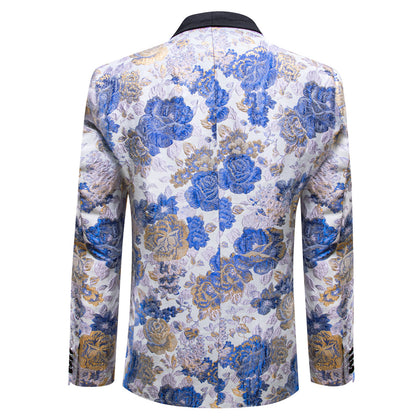 Blue White Gold Floral Flower Men's Tuxedo Jacket tuxedo    - Sophisticated Gentlemen