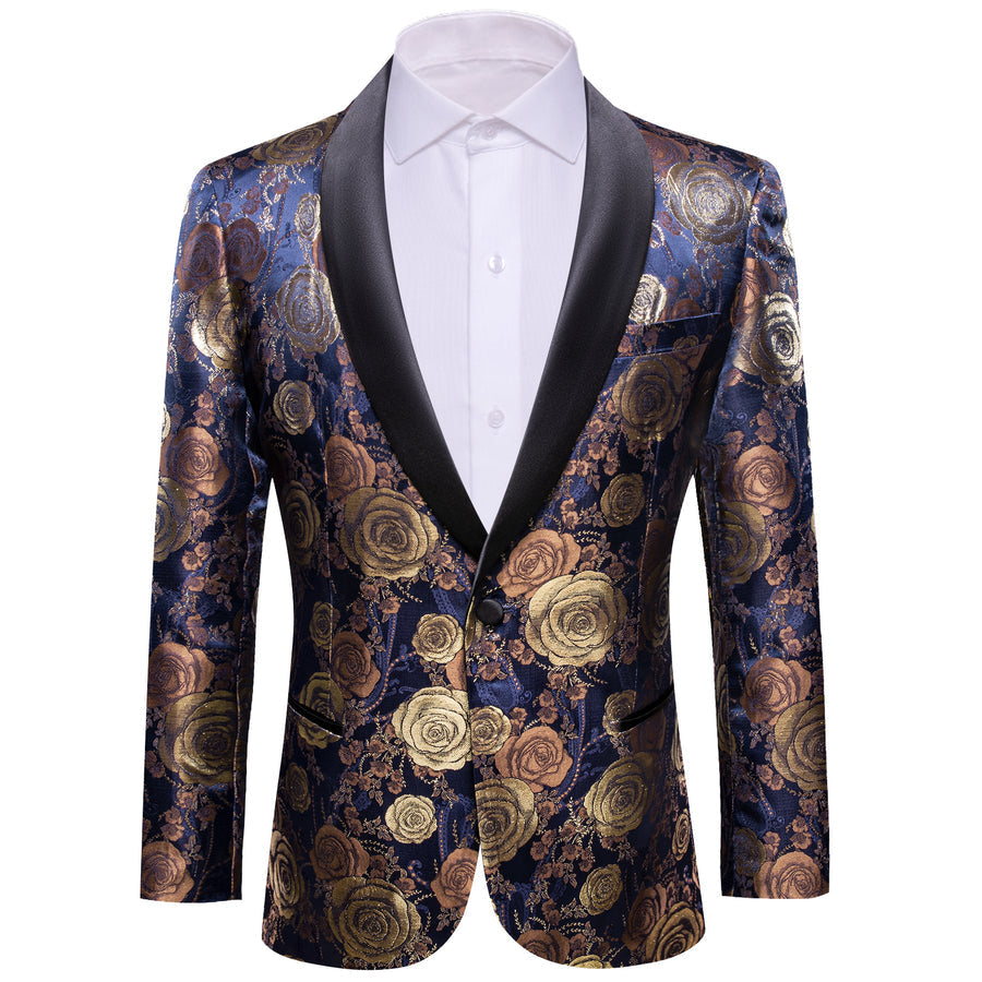 Gold Blue Brown Floral Rose Men's Tuxedo Jacket tuxedo    - Sophisticated Gentlemen