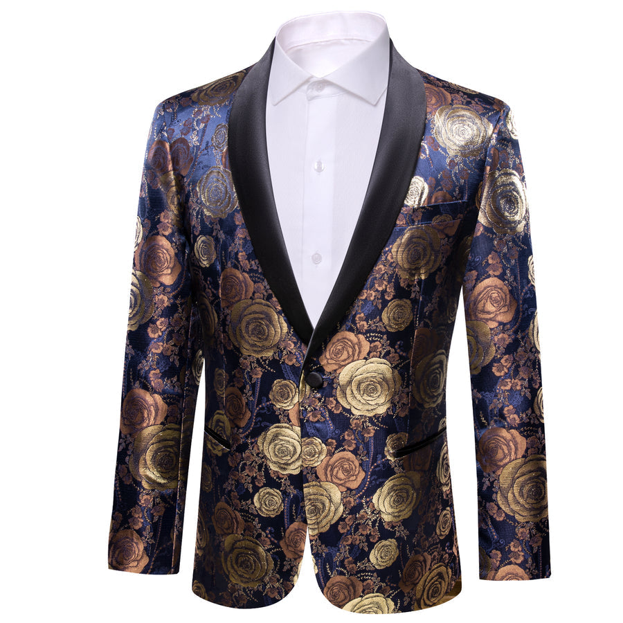 Gold Blue Brown Floral Rose Men's Tuxedo Jacket tuxedo    - Sophisticated Gentlemen