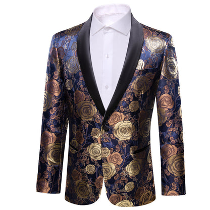 Gold Blue Brown Floral Rose Men's Tuxedo Jacket tuxedo    - Sophisticated Gentlemen