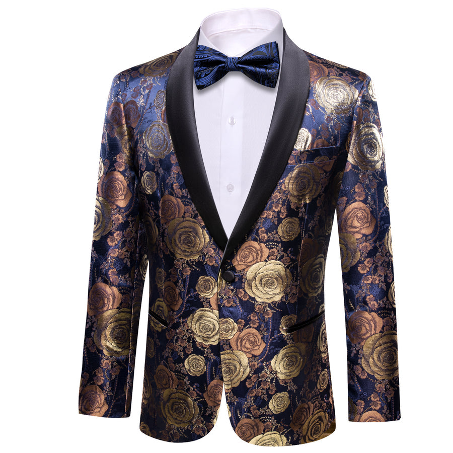 Gold Blue Brown Floral Rose Men's Tuxedo Jacket tuxedo    - Sophisticated Gentlemen