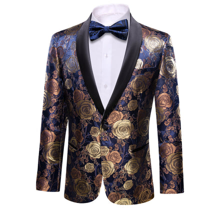 Gold Blue Brown Floral Rose Men's Tuxedo Jacket tuxedo    - Sophisticated Gentlemen