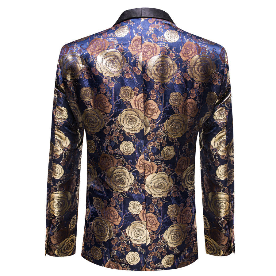 Gold Blue Brown Floral Rose Men's Tuxedo Jacket tuxedo    - Sophisticated Gentlemen
