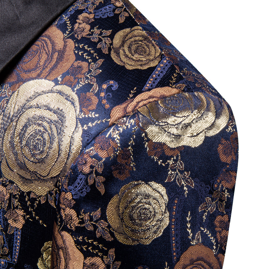 Gold Blue Brown Floral Rose Men's Tuxedo Jacket tuxedo    - Sophisticated Gentlemen