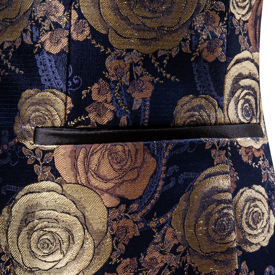 Gold Blue Brown Floral Rose Men's Tuxedo Jacket tuxedo    - Sophisticated Gentlemen