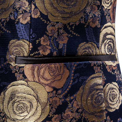 Gold Blue Brown Floral Rose Men's Tuxedo Jacket tuxedo    - Sophisticated Gentlemen