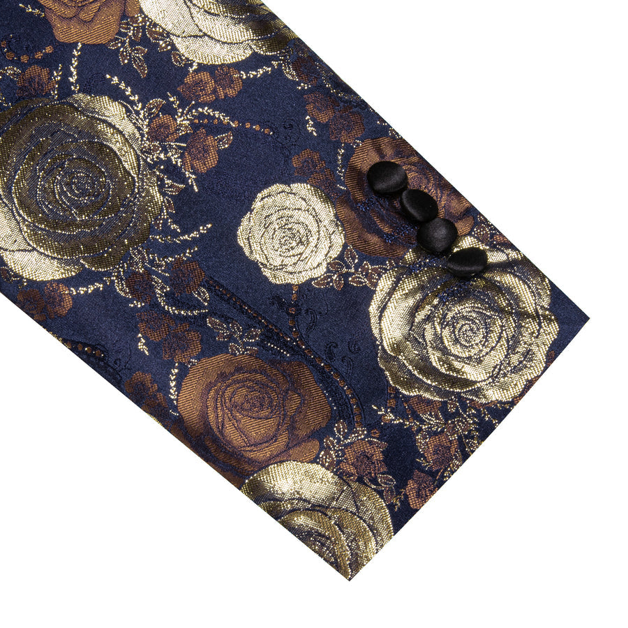 Gold Blue Brown Floral Rose Men's Tuxedo Jacket tuxedo    - Sophisticated Gentlemen