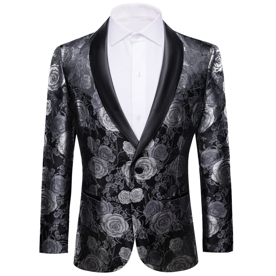 Silver Gray and Black Floral Rose Men's Tuxedo Jacket tuxedo    - Sophisticated Gentlemen