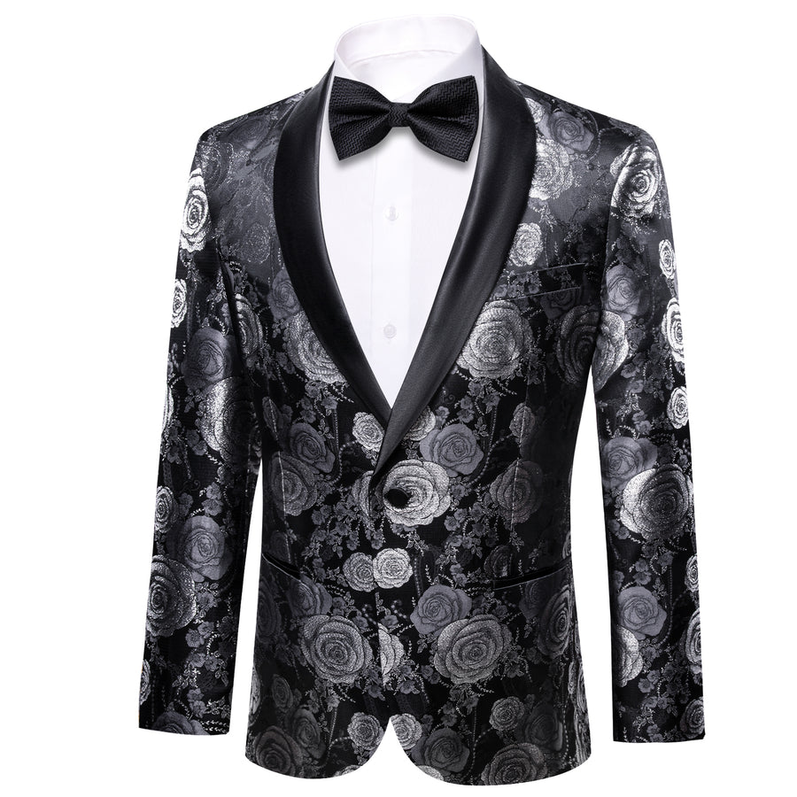 Silver Gray and Black Floral Rose Men's Tuxedo Jacket tuxedo    - Sophisticated Gentlemen