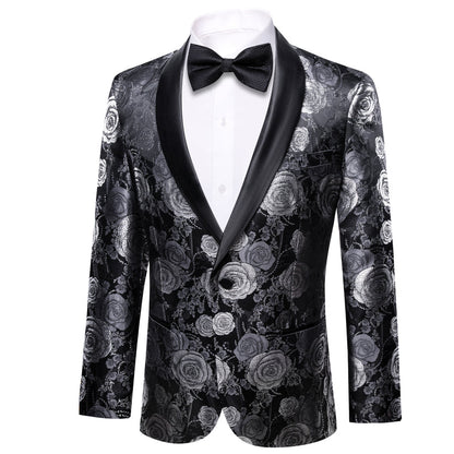 Silver Gray and Black Floral Rose Men's Tuxedo Jacket tuxedo    - Sophisticated Gentlemen