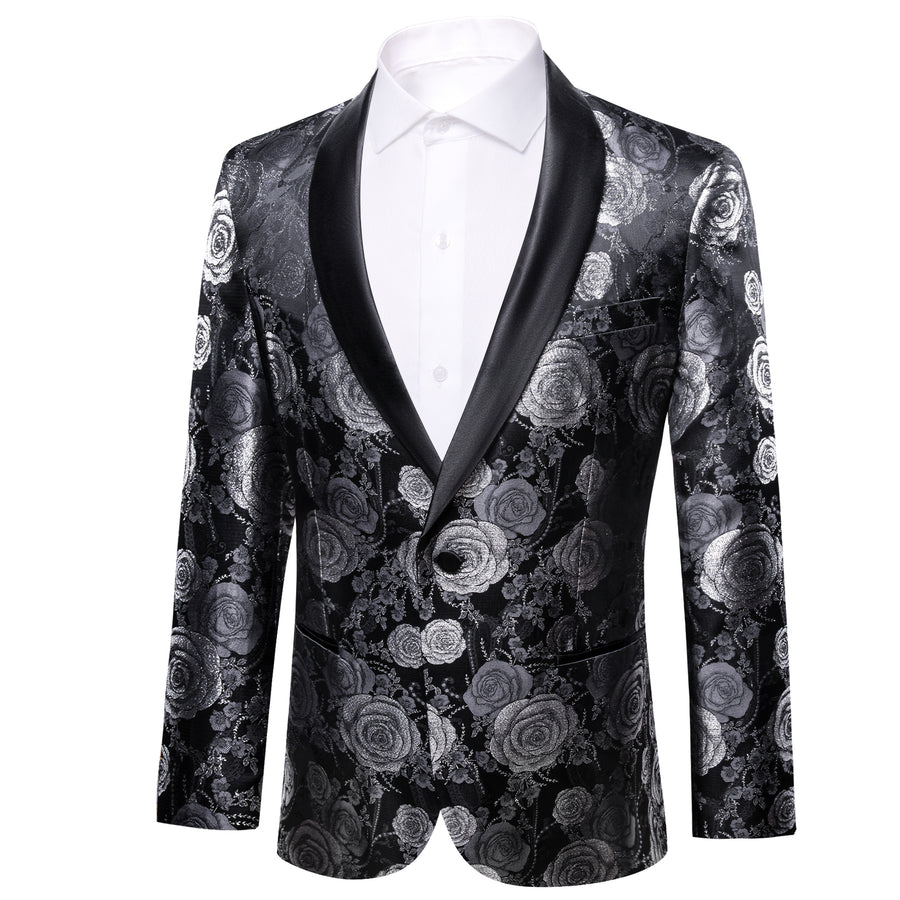 Silver Gray and Black Floral Rose Men's Tuxedo Jacket tuxedo    - Sophisticated Gentlemen