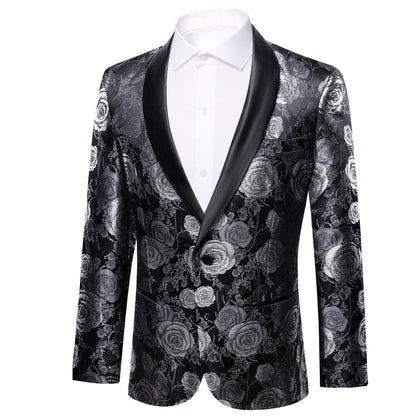 Silver Gray and Black Floral Rose Men's Tuxedo Jacket tuxedo    - Sophisticated Gentlemen