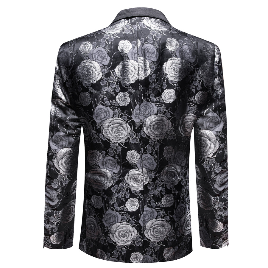 Silver Gray and Black Floral Rose Men's Tuxedo Jacket tuxedo    - Sophisticated Gentlemen