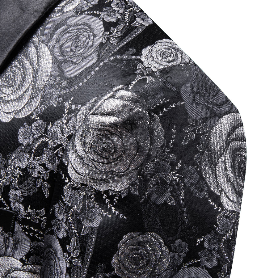 Silver Gray and Black Floral Rose Men's Tuxedo Jacket tuxedo    - Sophisticated Gentlemen