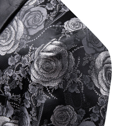 Silver Gray and Black Floral Rose Men's Tuxedo Jacket tuxedo    - Sophisticated Gentlemen