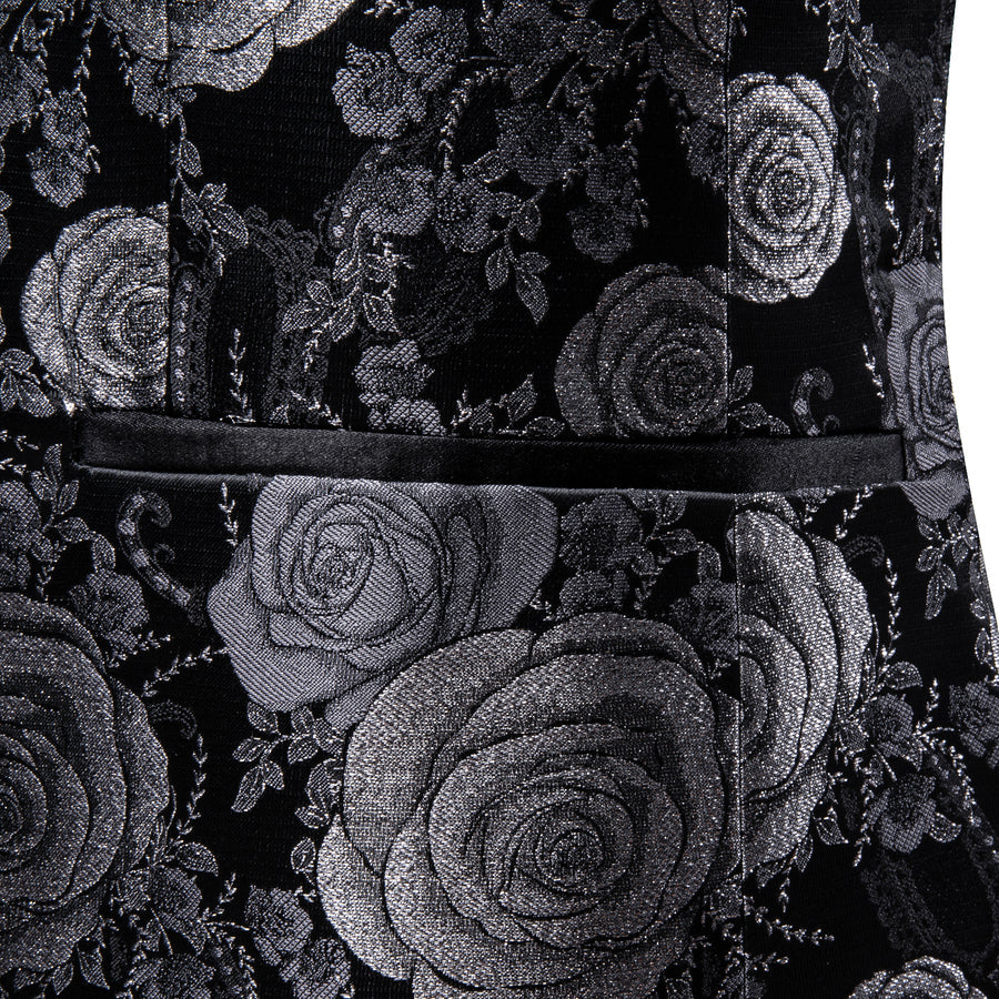 Silver Gray and Black Floral Rose Men's Tuxedo Jacket tuxedo    - Sophisticated Gentlemen