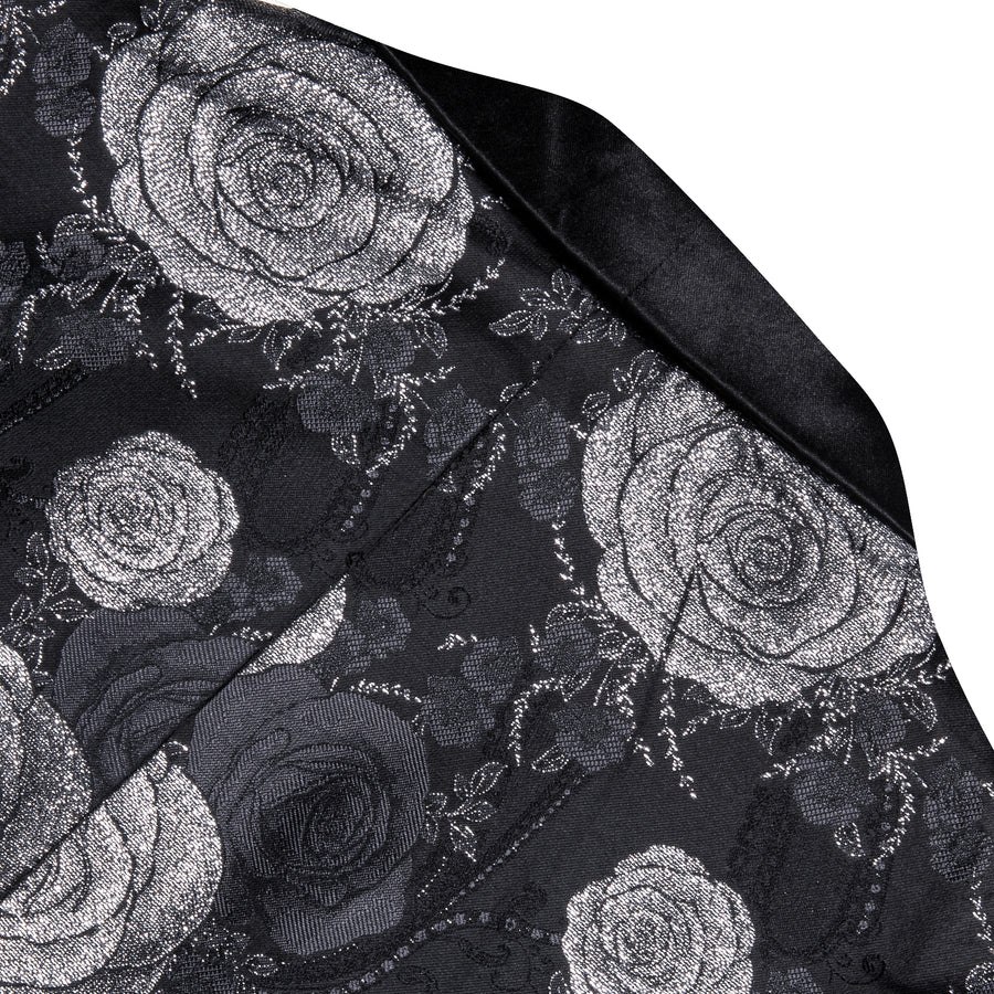 Silver Gray and Black Floral Rose Men's Tuxedo Jacket tuxedo    - Sophisticated Gentlemen