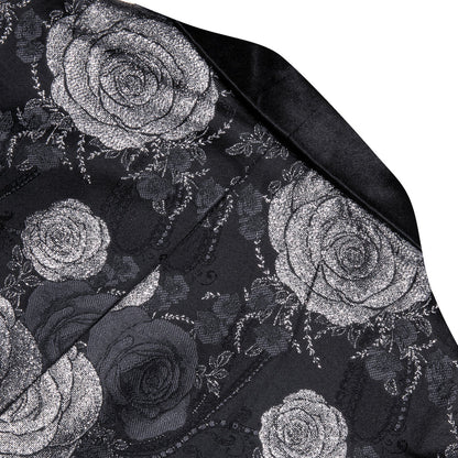 Silver Gray and Black Floral Rose Men's Tuxedo Jacket tuxedo    - Sophisticated Gentlemen