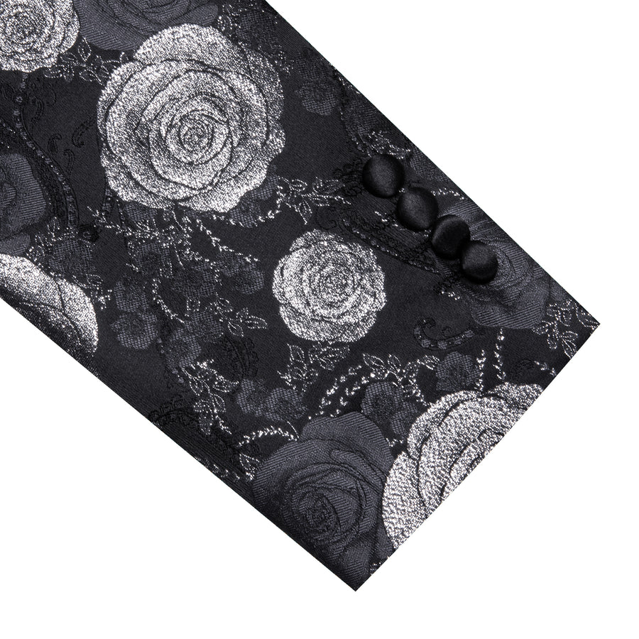 Silver Gray and Black Floral Rose Men's Tuxedo Jacket tuxedo    - Sophisticated Gentlemen