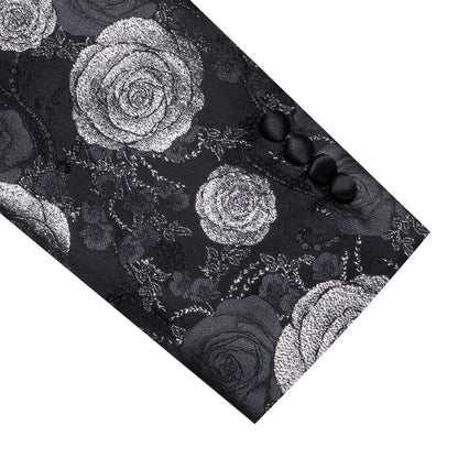 Silver Gray and Black Floral Rose Men's Tuxedo Jacket tuxedo    - Sophisticated Gentlemen