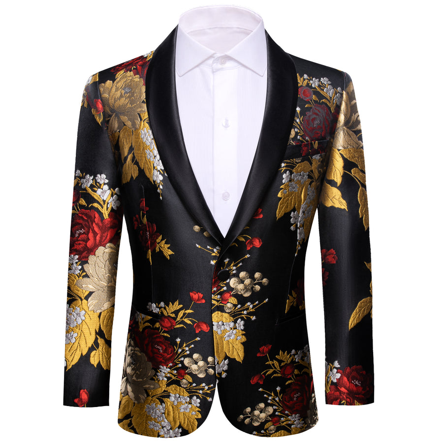 Yellow Red Black Floral Men's Tuxedo Jacket tuxedo    - Sophisticated Gentlemen