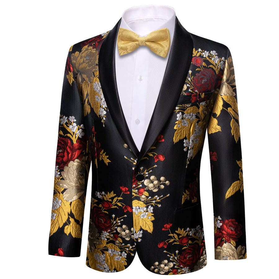 Yellow Red Black Floral Men's Tuxedo Jacket tuxedo    - Sophisticated Gentlemen