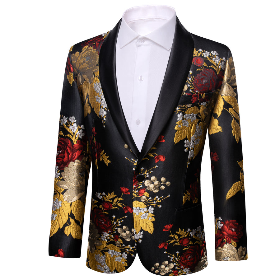 Yellow Red Black Floral Men's Tuxedo Jacket tuxedo    - Sophisticated Gentlemen