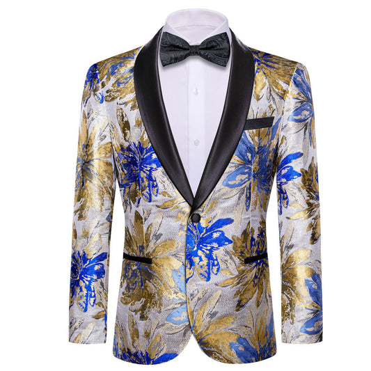 Silver Blue Dark Khaki Floral Men's Tuxedo Jacket tuxedo S (38)   - Sophisticated Gentlemen