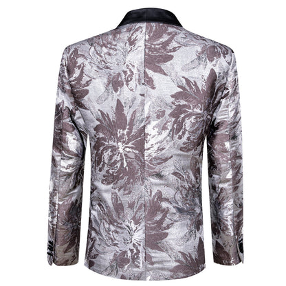 Silver Rosy Brown Floral Men's Tuxedo Jacket tuxedo    - Sophisticated Gentlemen