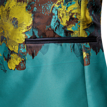 Dark Turquoise Black Yellow Floral Men's Tuxedo Jacket tuxedo    - Sophisticated Gentlemen