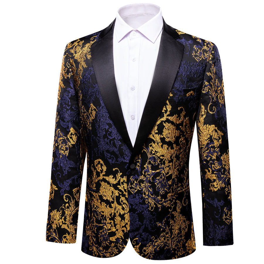 Gold Blue Black Floral Men's Tuxedo Jacket tuxedo    - Sophisticated Gentlemen