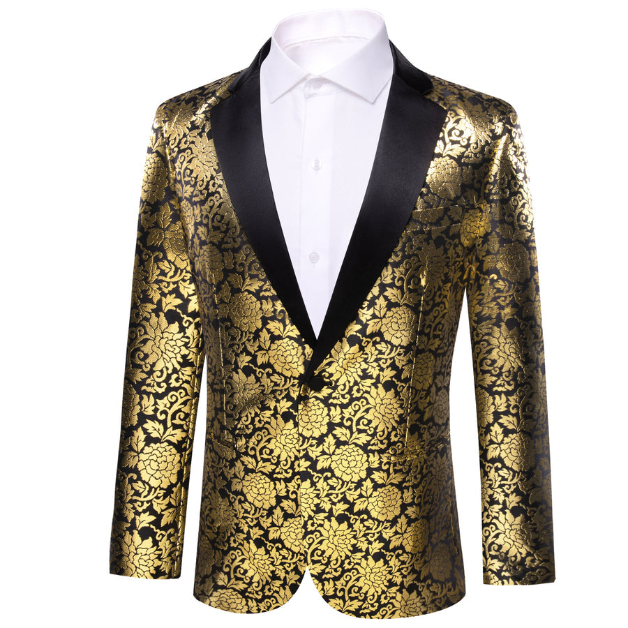 Gold Black Floral Flower Men's Tuxedo Jacket tuxedo    - Sophisticated Gentlemen
