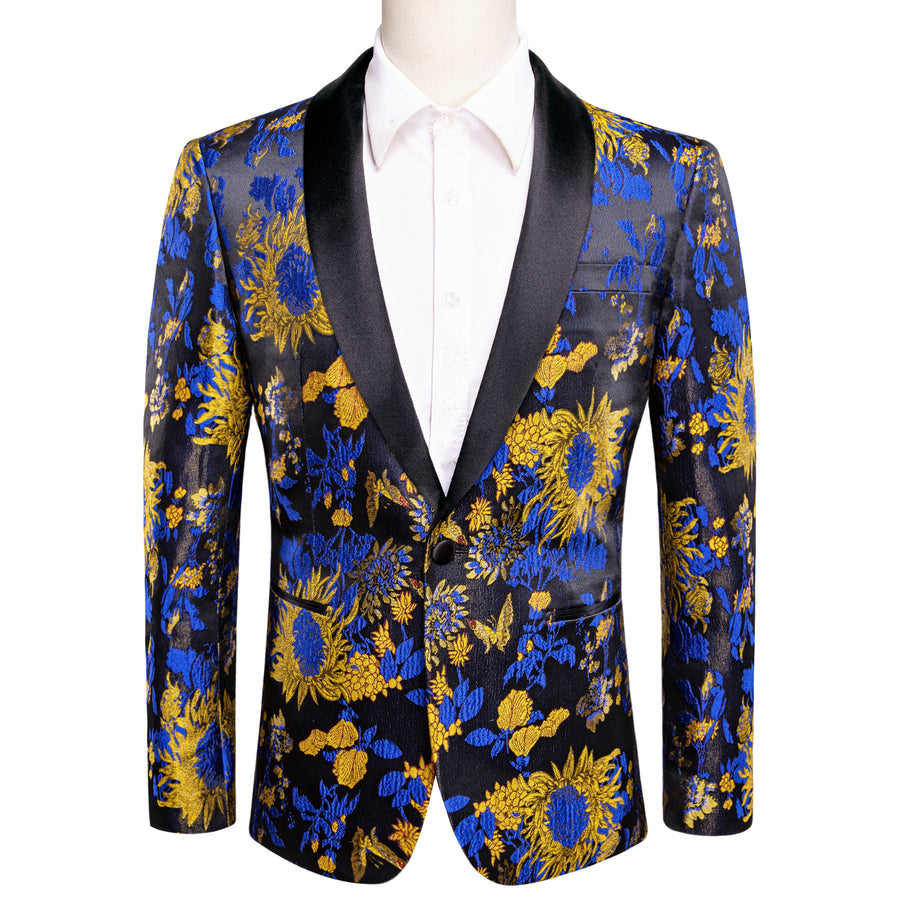 Black Yellow Blue Sunflower Floral Tuxedo Jacket tuxedo S (38)   - Sophisticated Gentlemen