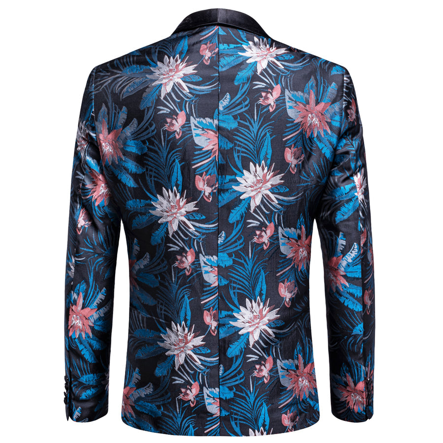 Black Blue White Epiphyllum Floral Men's Tuxedo Jacket tuxedo    - Sophisticated Gentlemen