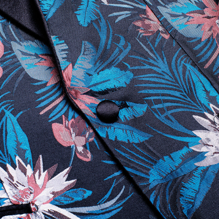 Black Blue White Epiphyllum Floral Men's Tuxedo Jacket tuxedo    - Sophisticated Gentlemen