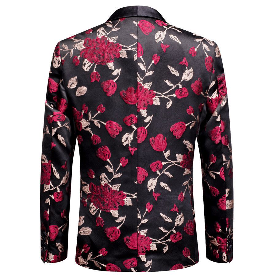Black and Red Embroidered Floral Men's Tuxedo Jacket tuxedo    - Sophisticated Gentlemen